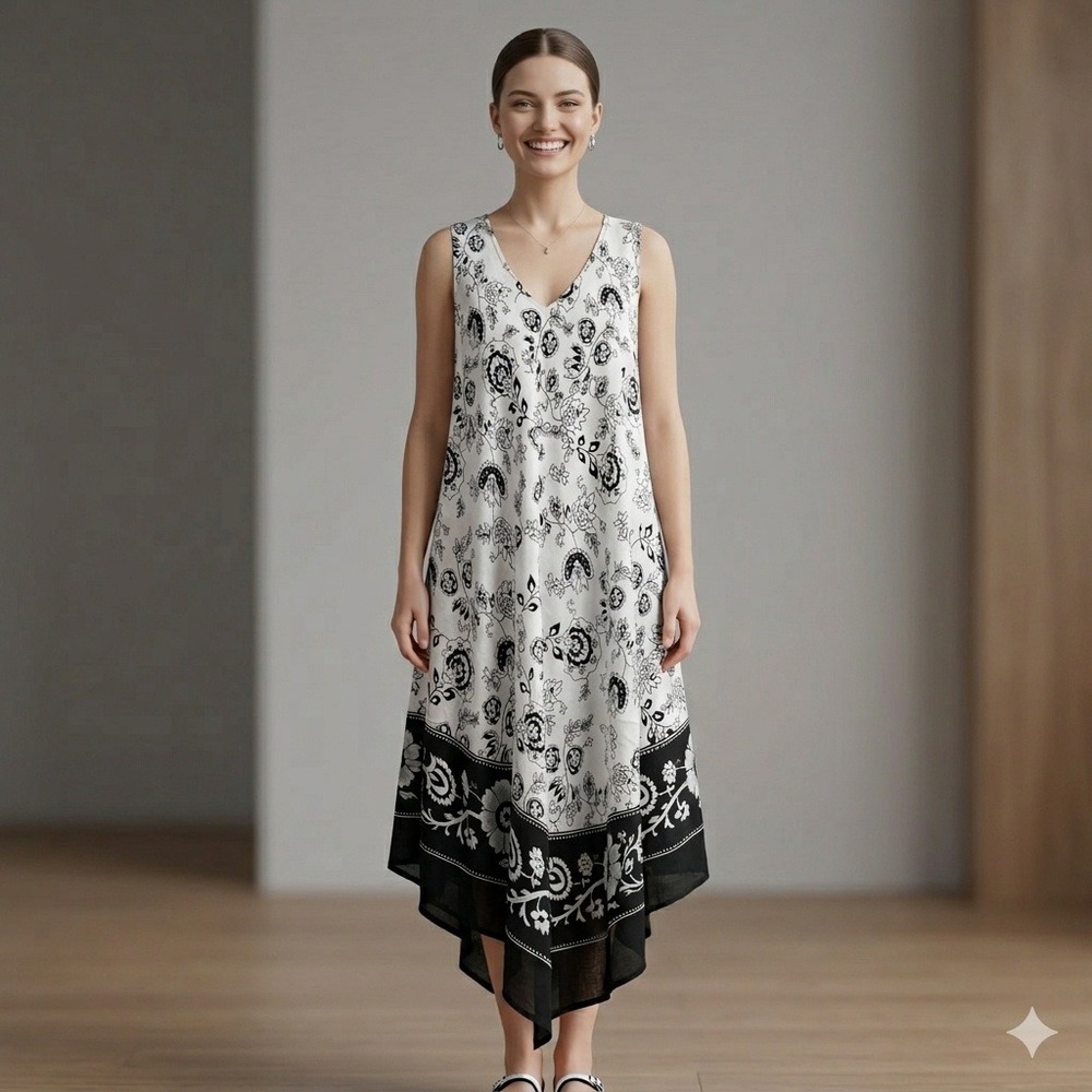 7 Islands Womens 3X Black White Floral Handkerchief Hem Rayon Dress